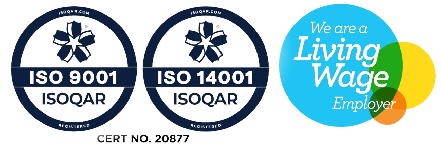 ISO 9001 14001 and Living Wage Employer seals